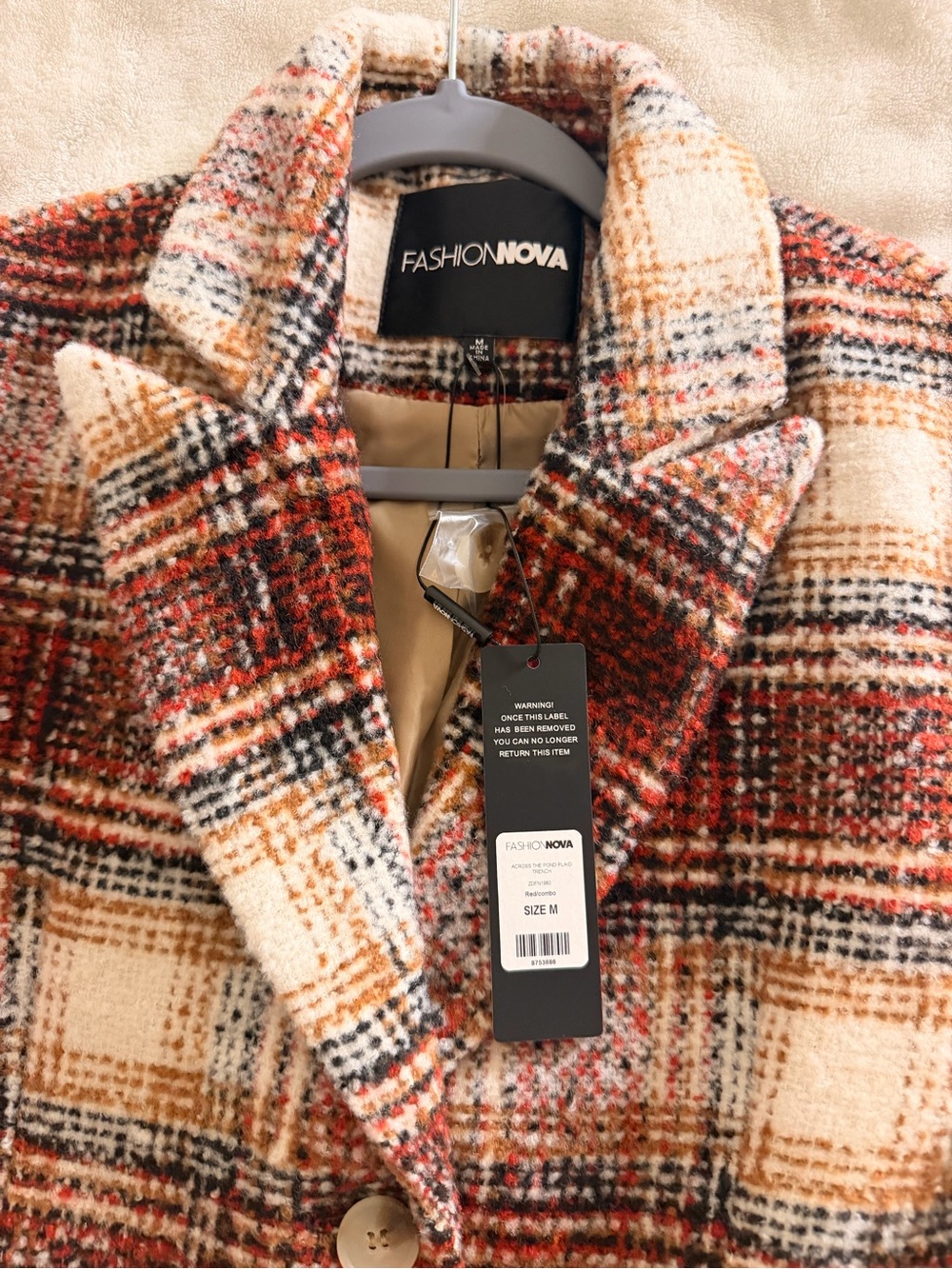 Fashion Nova Red Tan Plaid Wool-Blend Pea Coat